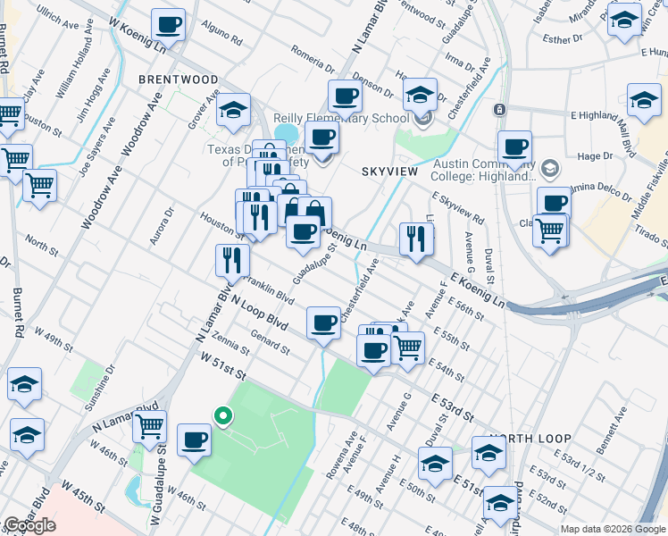 map of restaurants, bars, coffee shops, grocery stores, and more near 408 West 55th Street in Austin