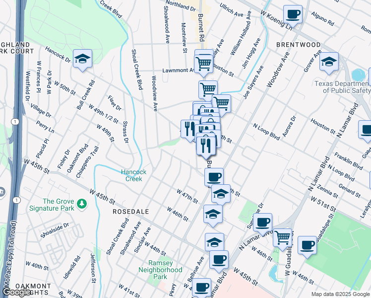 map of restaurants, bars, coffee shops, grocery stores, and more near 2209 Hancock Drive in Austin