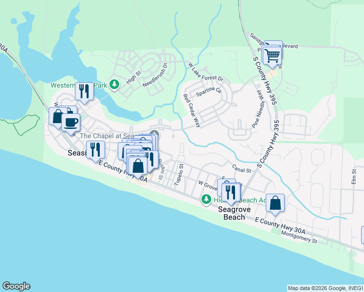 map of restaurants, bars, coffee shops, grocery stores, and more near 36 Lyonia Lane in Santa Rosa Beach