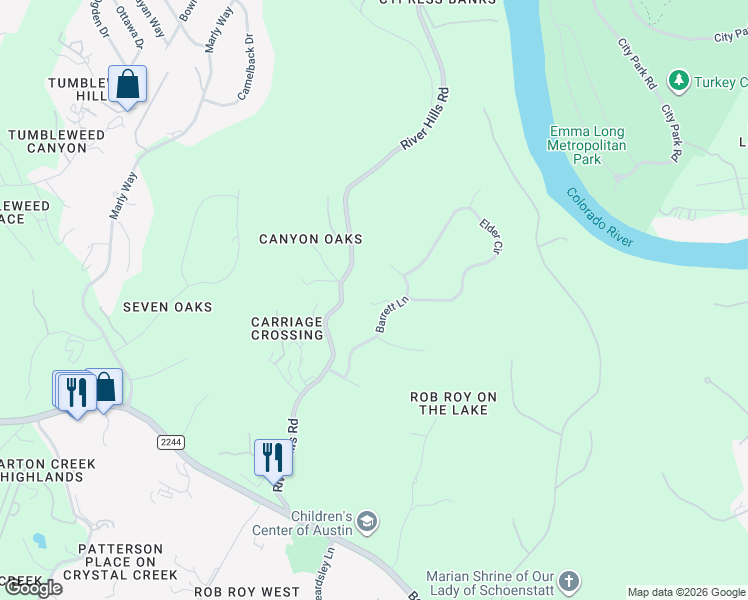 map of restaurants, bars, coffee shops, grocery stores, and more near 600 Barrett Lane in Austin