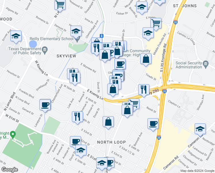 map of restaurants, bars, coffee shops, grocery stores, and more near 5800 Airport Boulevard in Austin