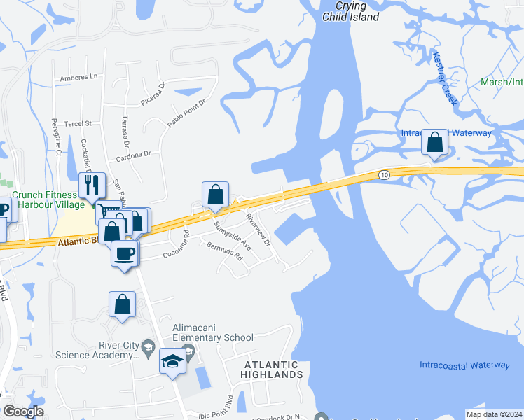 map of restaurants, bars, coffee shops, grocery stores, and more near 13911 Atlantic Boulevard in Jacksonville