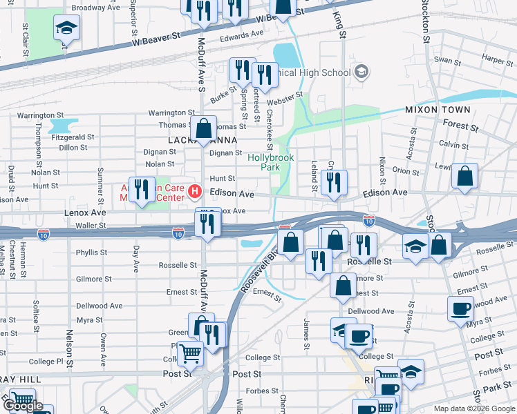 map of restaurants, bars, coffee shops, grocery stores, and more near 2890 Edison Avenue in Jacksonville