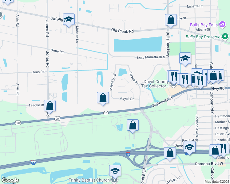 map of restaurants, bars, coffee shops, grocery stores, and more near 8623 Granpaw Court in Jacksonville