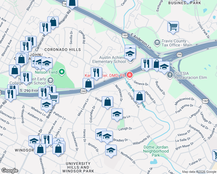 map of restaurants, bars, coffee shops, grocery stores, and more near 1201 Barbara Jordan Boulevard in Austin