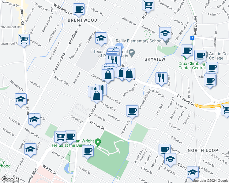 map of restaurants, bars, coffee shops, grocery stores, and more near 5555 North Lamar Boulevard in Austin