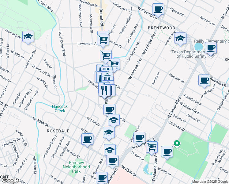 map of restaurants, bars, coffee shops, grocery stores, and more near 1416 West 51st Street in Austin