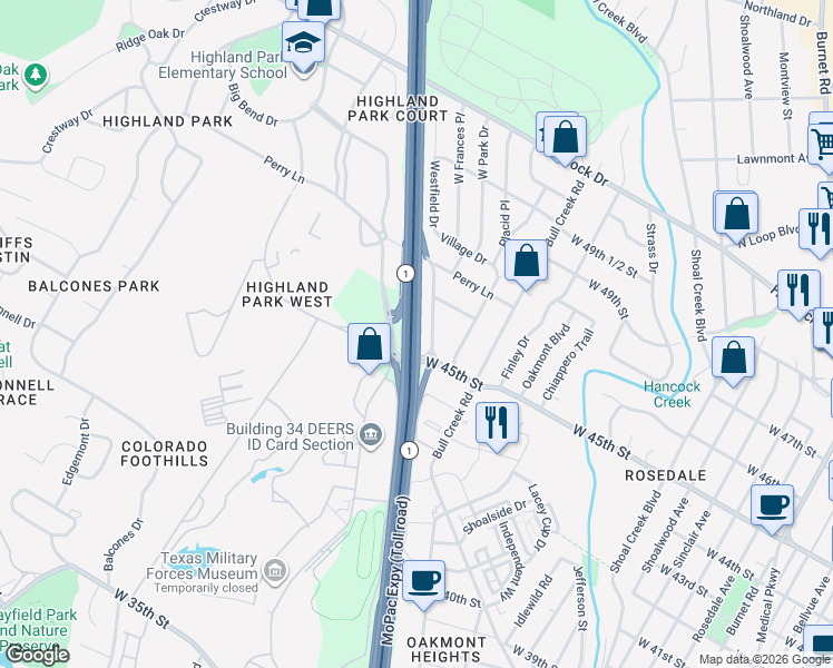 map of restaurants, bars, coffee shops, grocery stores, and more near 4511 Highland Terrace in Austin