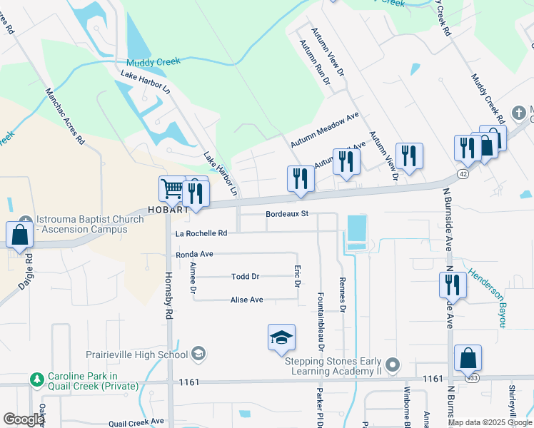 map of restaurants, bars, coffee shops, grocery stores, and more near 40202 Bordeaux Street in Prairieville