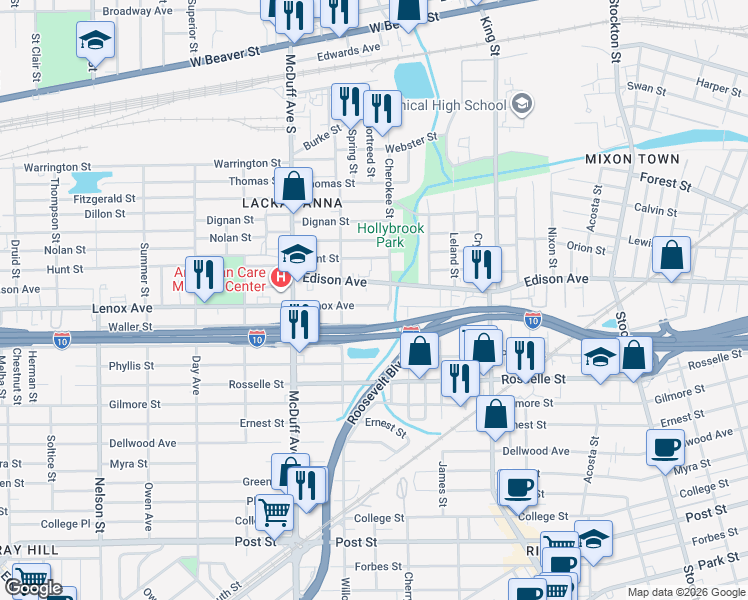map of restaurants, bars, coffee shops, grocery stores, and more near 2890 Edison Avenue in Jacksonville