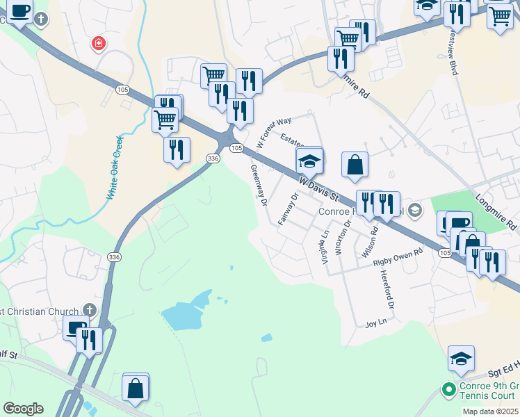 map of restaurants, bars, coffee shops, grocery stores, and more near 201 Greenway Drive in Conroe