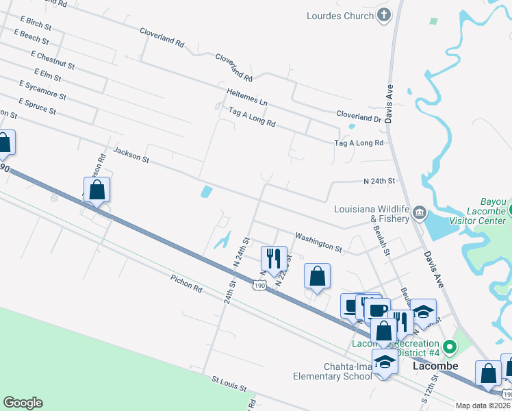 map of restaurants, bars, coffee shops, grocery stores, and more near 27094 Jackson Street in Lacombe