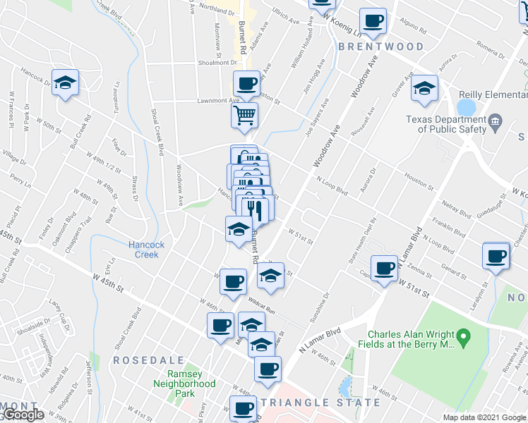 map of restaurants, bars, coffee shops, grocery stores, and more near West 51st Street in Austin