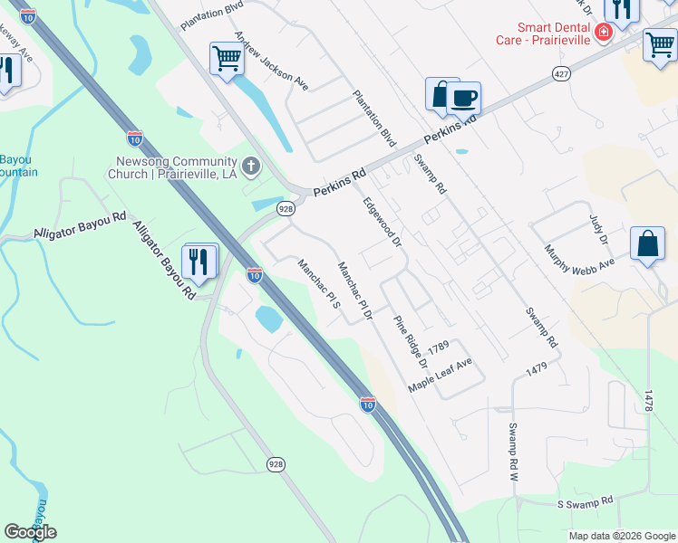 map of restaurants, bars, coffee shops, grocery stores, and more near 18257 Manchac Place Drive in Prairieville