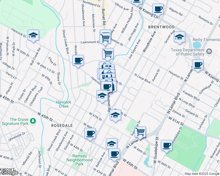 map of restaurants, bars, coffee shops, grocery stores, and more near 5035 Burnet Road in Austin