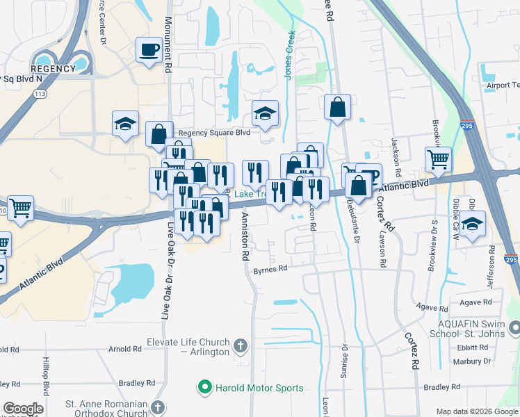 map of restaurants, bars, coffee shops, grocery stores, and more near 9910-9940 Atlantic Blvd in Jacksonville