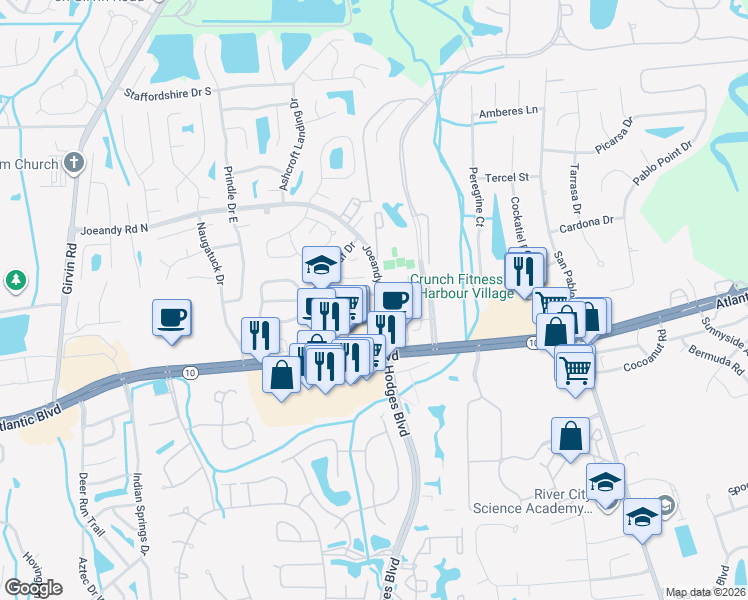 map of restaurants, bars, coffee shops, grocery stores, and more near 13284 Grant Logan Lane in Jacksonville