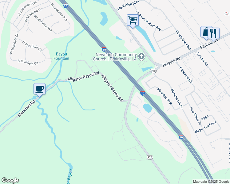 map of restaurants, bars, coffee shops, grocery stores, and more near 18478 Alligator Bayou Road in Prairieville