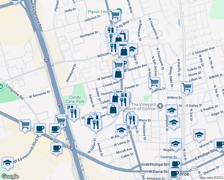 map of restaurants, bars, coffee shops, grocery stores, and more near 900 Thomas Avenue in Conroe