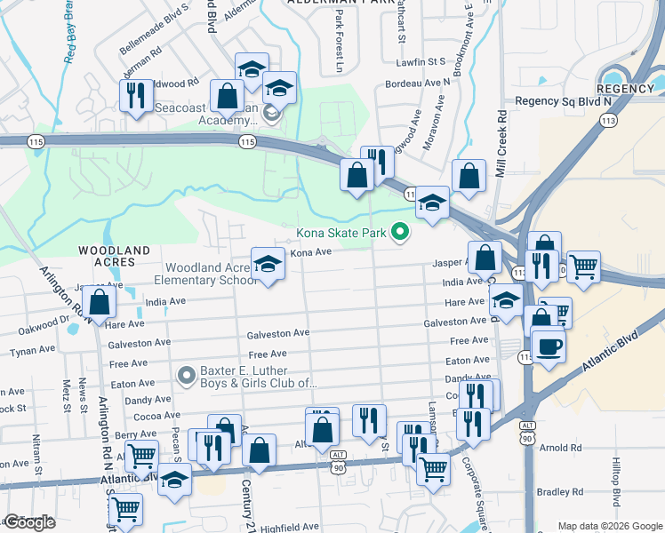 map of restaurants, bars, coffee shops, grocery stores, and more near 8505 Jasper Avenue in Jacksonville
