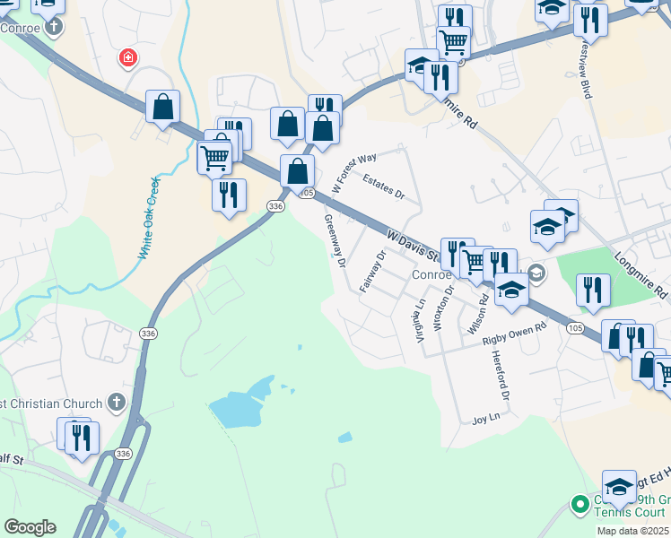map of restaurants, bars, coffee shops, grocery stores, and more near 201 Greenway Drive in Conroe