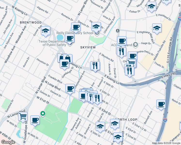 map of restaurants, bars, coffee shops, grocery stores, and more near 115 West Koenig Lane in Austin