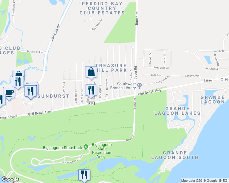 map of restaurants, bars, coffee shops, grocery stores, and more near 5420 Arrowhead Road in Pensacola