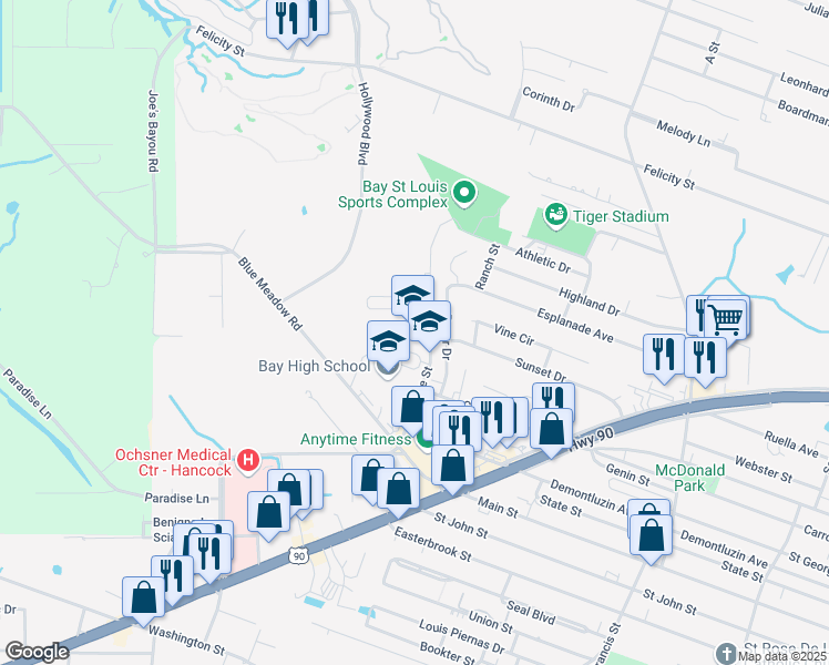 map of restaurants, bars, coffee shops, grocery stores, and more near 600 Pine Street in Bay St. Louis