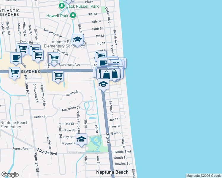 map of restaurants, bars, coffee shops, grocery stores, and more near 308 First Street in Neptune Beach