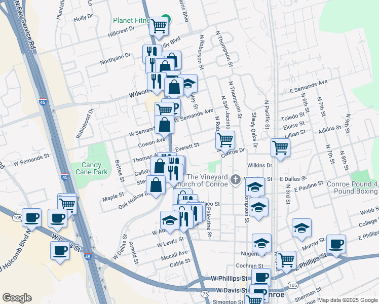 map of restaurants, bars, coffee shops, grocery stores, and more near 1308 Houston Street in Conroe