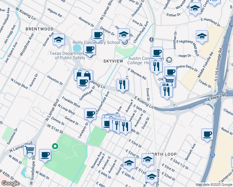 map of restaurants, bars, coffee shops, grocery stores, and more near 115 West Koenig Lane in Austin