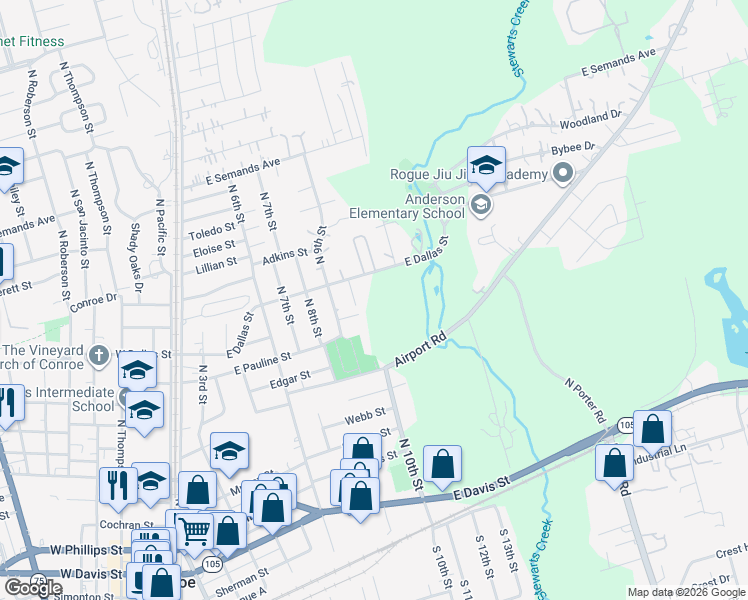 map of restaurants, bars, coffee shops, grocery stores, and more near 1108 Lori Street in Conroe