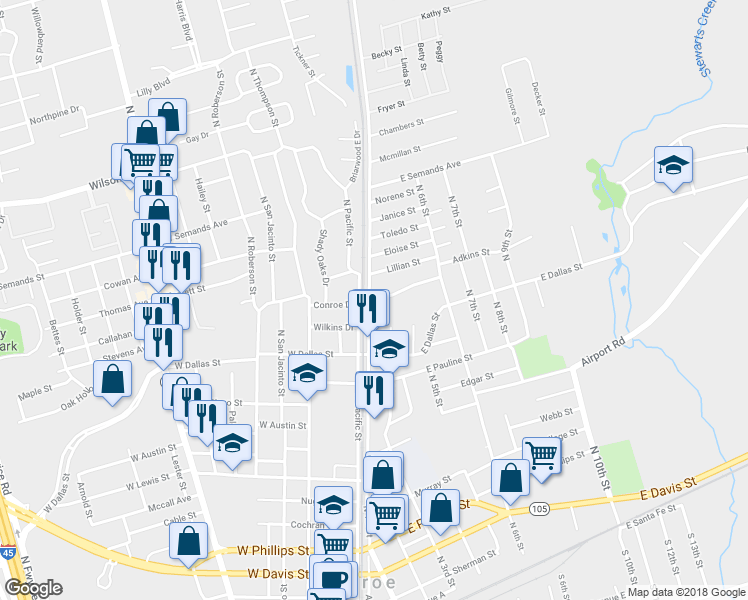 map of restaurants, bars, coffee shops, grocery stores, and more near 1125 North 1st Street in Conroe