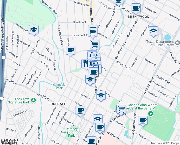 map of restaurants, bars, coffee shops, grocery stores, and more near 2109 Hancock Drive in Austin