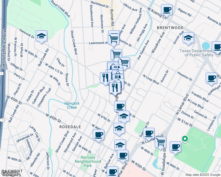 map of restaurants, bars, coffee shops, grocery stores, and more near 2109 Hancock Drive in Austin