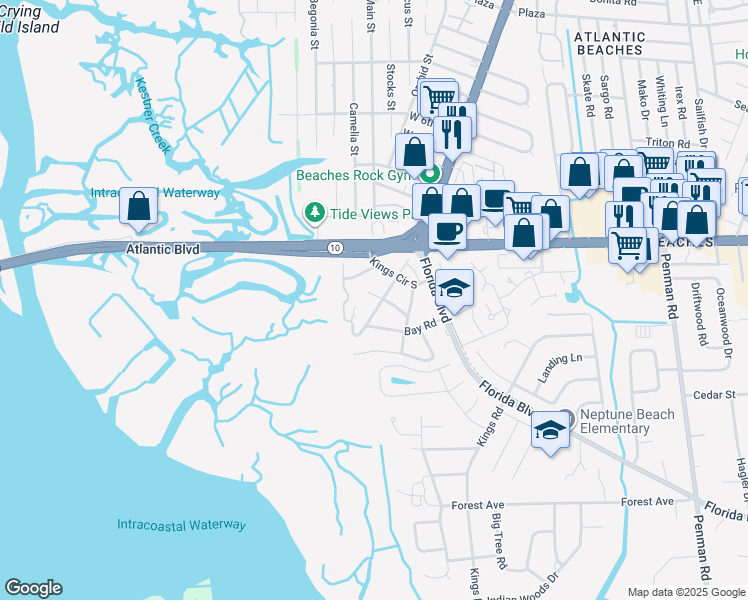 map of restaurants, bars, coffee shops, grocery stores, and more near 2124 Marsh Point Road in Neptune Beach