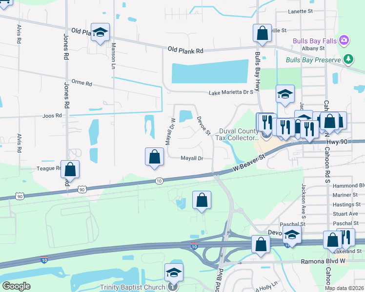 map of restaurants, bars, coffee shops, grocery stores, and more near 8623 Granpaw Court in Jacksonville