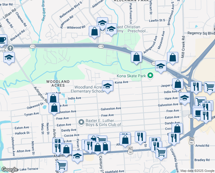 map of restaurants, bars, coffee shops, grocery stores, and more near 8200 Kona Avenue in Jacksonville