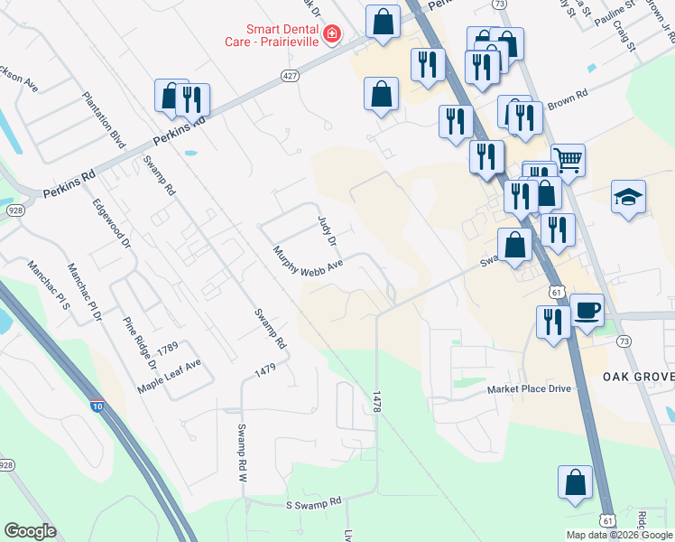 map of restaurants, bars, coffee shops, grocery stores, and more near 37175 Murphy Webb Avenue in Prairieville