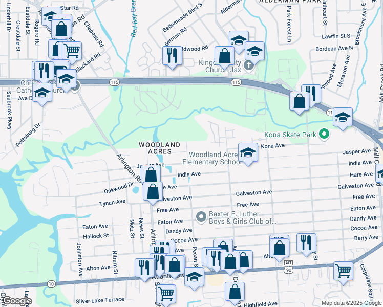 map of restaurants, bars, coffee shops, grocery stores, and more near 445 Pecan Street in Jacksonville