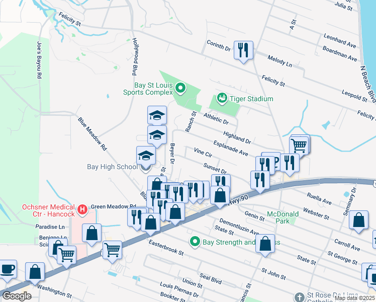 map of restaurants, bars, coffee shops, grocery stores, and more near 607 Vine Cir in Bay St. Louis
