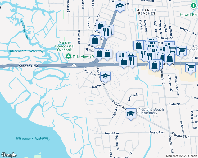 map of restaurants, bars, coffee shops, grocery stores, and more near 2130 Florida Boulevard in Neptune Beach