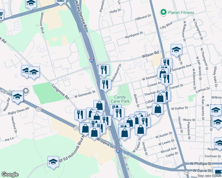 map of restaurants, bars, coffee shops, grocery stores, and more near 1510 Interstate 45 North in Conroe