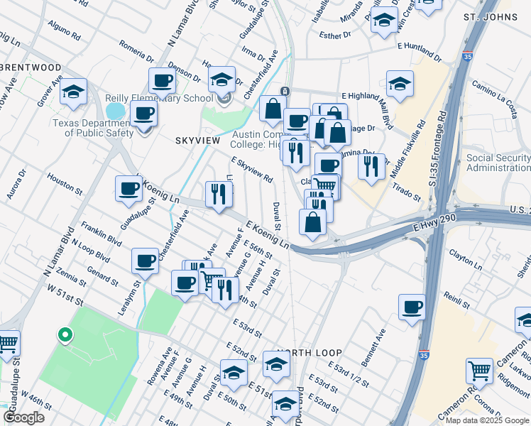 map of restaurants, bars, coffee shops, grocery stores, and more near 5711 Avenue G in Austin