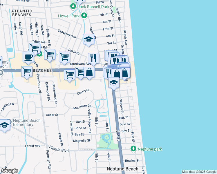 map of restaurants, bars, coffee shops, grocery stores, and more near 252 3rd Street in Neptune Beach