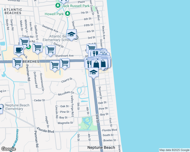 map of restaurants, bars, coffee shops, grocery stores, and more near 301 3rd Street in Neptune Beach