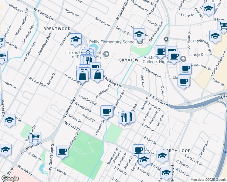 map of restaurants, bars, coffee shops, grocery stores, and more near 405 W 55th 1/2 St in Austin