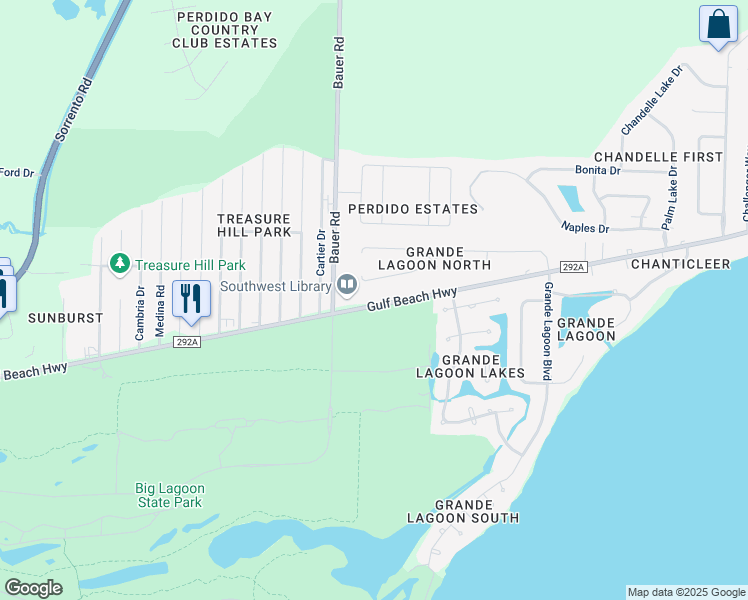 map of restaurants, bars, coffee shops, grocery stores, and more near 12208 Gulf Beach Highway in Pensacola