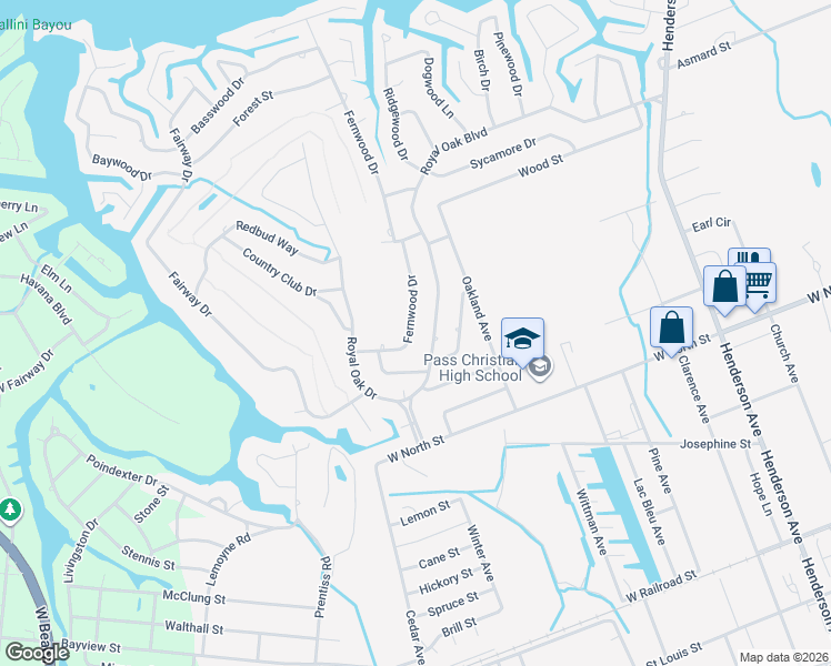 map of restaurants, bars, coffee shops, grocery stores, and more near 114 Fernwood Drive in Pass Christian