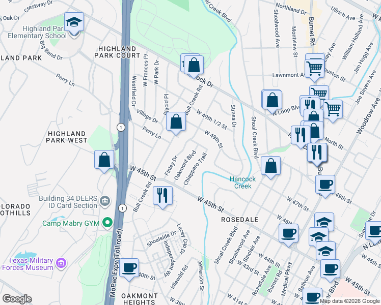 map of restaurants, bars, coffee shops, grocery stores, and more near 4700 Oakmont Boulevard in Austin